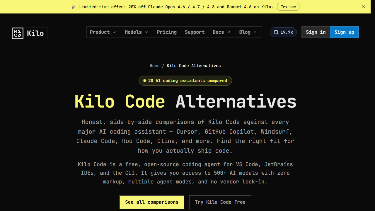 Kilo Code Alternatives — Cursor, Copilot, Windsurf & More Compared page snapshot